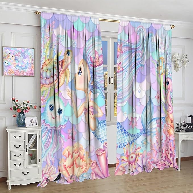 Fantasy Mermaid Curtain Dream Cartoon Marine Organisms Turtle Coral Ocean Theme Dream Blackout Window Treatment for Kids Girls Bedroom Nursery Room Decor Rod Pocket Window Drapes 42x54in