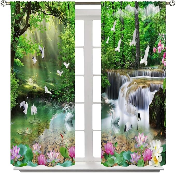 Nature Blackout Curtain, Waterfall Landscape Forest Swan Fish Pattern Rod Pocket Window Drapes, for Bedroom Living Room 63" W X 63" L