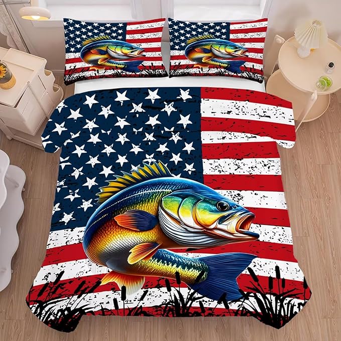 American Flag Comforter Set Full/Queen Size Bass Fish Bedding Set for Men Boys Teens Fishing Lover Bedroom Fisherman Farmhouse Bed Set Wild Quilted, 1 Comforter 2 Pillowcases
