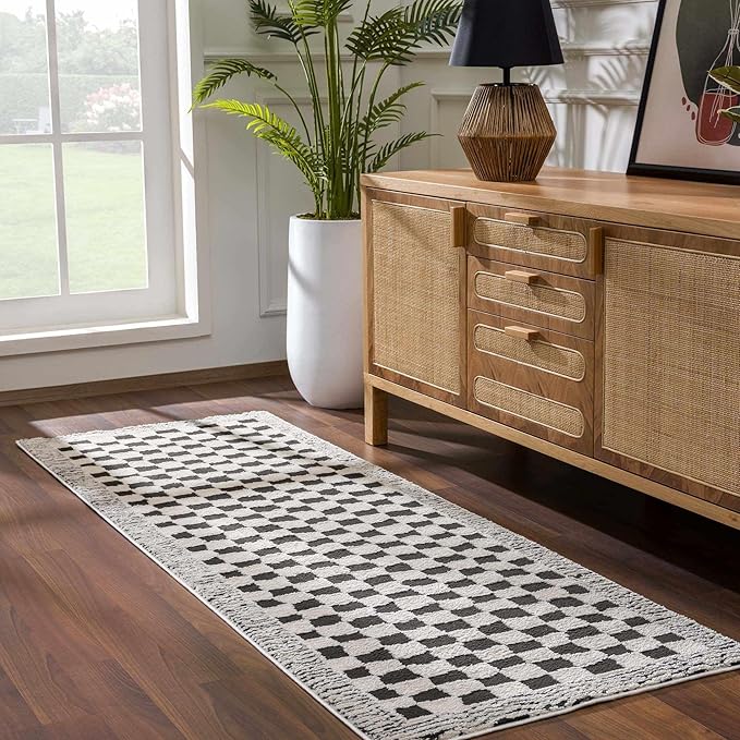 Hauteloom Leryn Contemporary Checkered Area Rug - Modern Geometric Bordered Carpet for Living Room, Bedroom - Checkboard Design - Square Tiles - High Pile - Black and White - 7'10" x 10' (8x10)