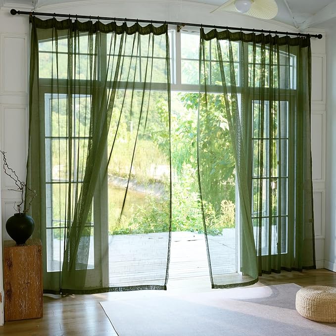 Olive Green Sheer Curtains 90 Inches Long 2 Panels, Dark Textured Linen Look See Through Drapes, Thin Light Filtering Window Treatments, DIY Pinch Pleat Sliding Glass Door Curtain