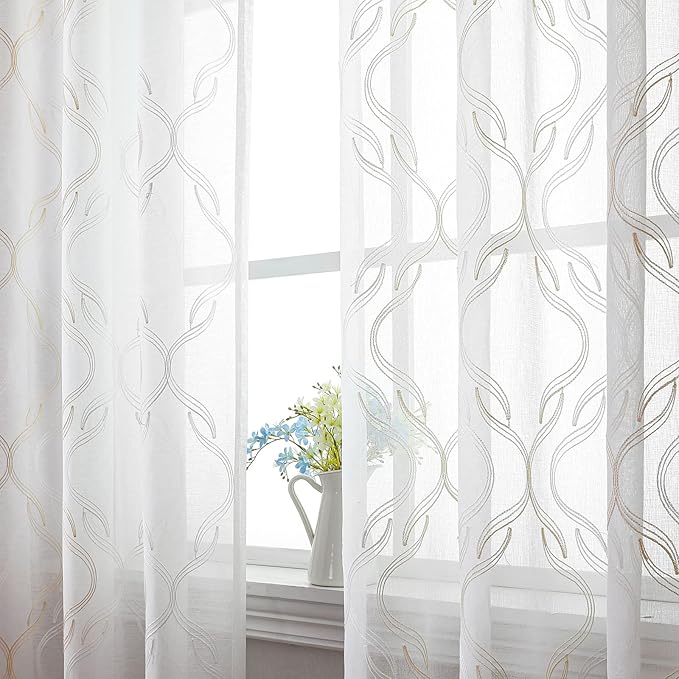VISIONTEX Sheer Curtains 108 Inches Long 2 Panels Set, Beige and Ivory Two Tone Textured Moroccan Embroidery Geometric Rod Pocket Ivory Voile Tulle Semi Window Treatment Pair for Bedroom, W54 x L108