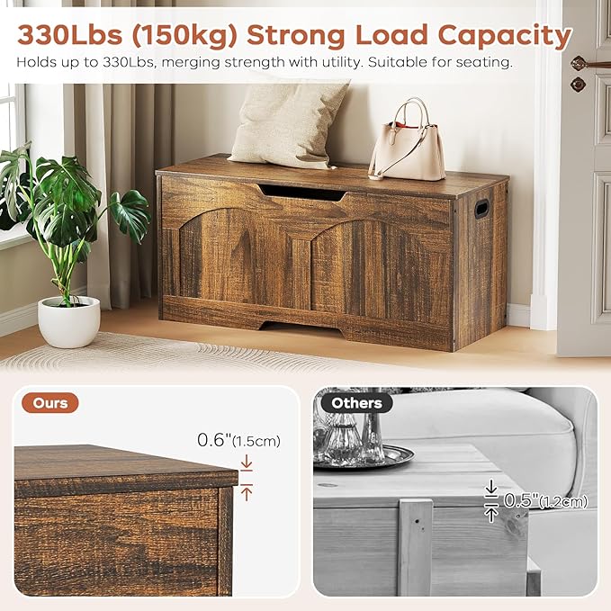 Storage Chest, 31.5" Storage Bench with 2 Safety Hinges, Farmhouse Style, 31.5 x 15.7 x 18.3 Inches, U-Shaped Opening for Entryway, Bedroom, Living Room, Supports 330 lb, Rustic Brown