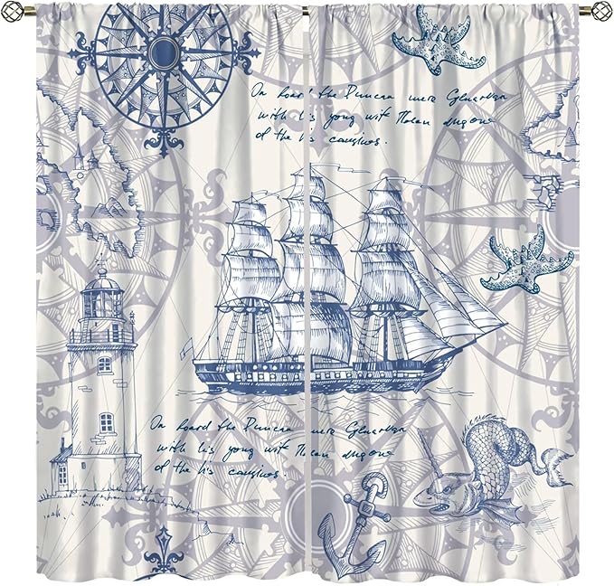 Nautical Sailboat Map Curtain,Ship Compass Lighthouse Anchor Decorative Curtain Polyester Fabric Waterproof Bedroom Curtain Set 2 Panels,84x84 Inches