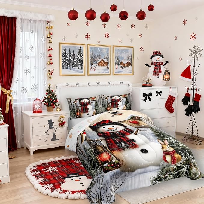 Kawaii Snowman Kids Bedding Set King Size,Rabbit Bird Winter Poinsettia Comforter Set,Pine Tree Xmas Animal Snowflake Quilt Comforter,Gray Green Bedroom Duvet Insert,2 Pillowcases