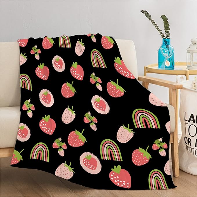 Thuswarm Cute Pink Strawberry Rainbow Flannel Throw Blanket Warm Cozy Soft Funny Print Blankets for Bed Couch Sofa Room Decoration Gifts 80"×60" Large for Adult