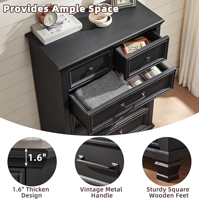 Farmhouse Bedroom Dresser and Nightstand Set of 4, 6 Drawer Tall & 5 Drawers Dresser & 2 Drawer Nightstand Set, Rustic Wood Furniture Set for Bedroom, Hallway, Black