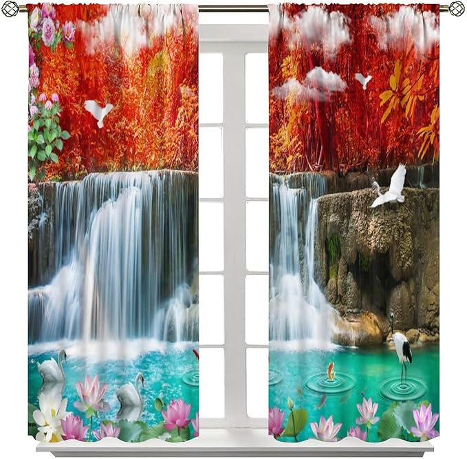 Nature Blackout Curtains, Waterfall Landscape Forest River Crane Fish Floral Pattern Rod Pocket Window Drapes, for Bedroom Living Room 55" W X 63" L