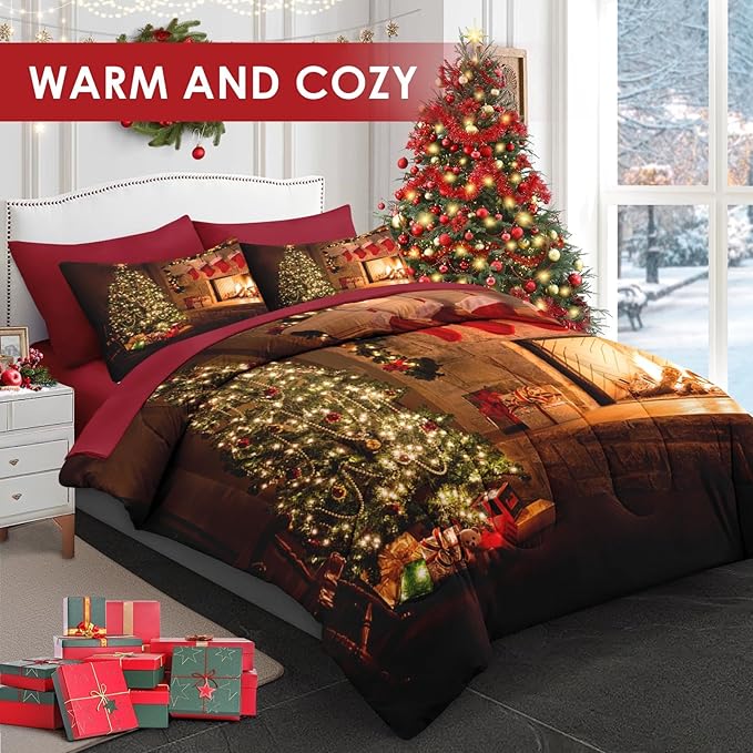 7 Pcs Full Size Christmas Comforter Set with 2 Pillowcases & 2 Shams, Vintage Fireplace Tree Bedding for Kids and Adults, Winter Holiday Red Socks Bed in a Bag with Flat Fitted Sheet