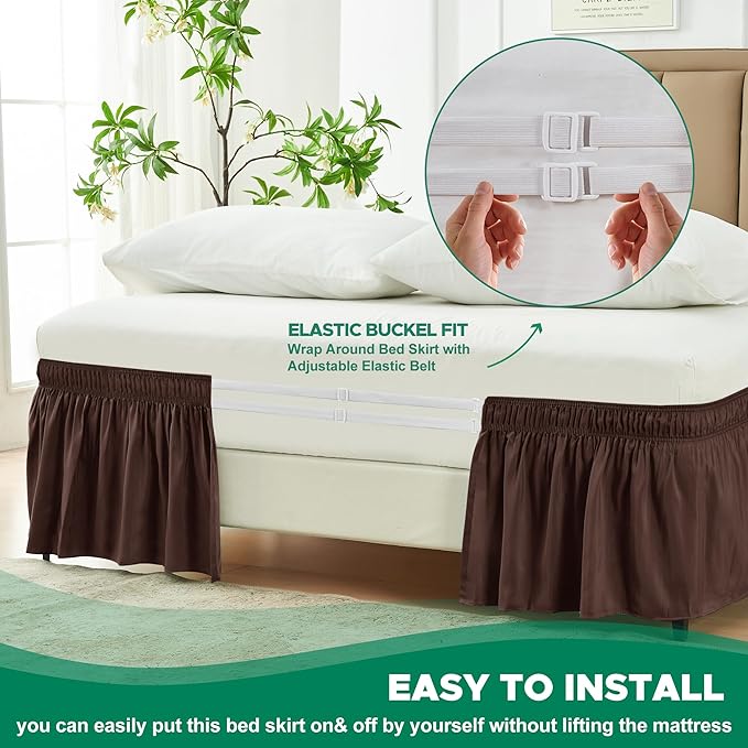 Biscaynebay Wrap Around Bed Skirts for Queen Beds 17" Long Drop, Brown Adjustable Elastic Dust Ruffles Easy Fit Wrinkle & Fade Resistant Silky Luxurious Fabric Solid Machine Washable