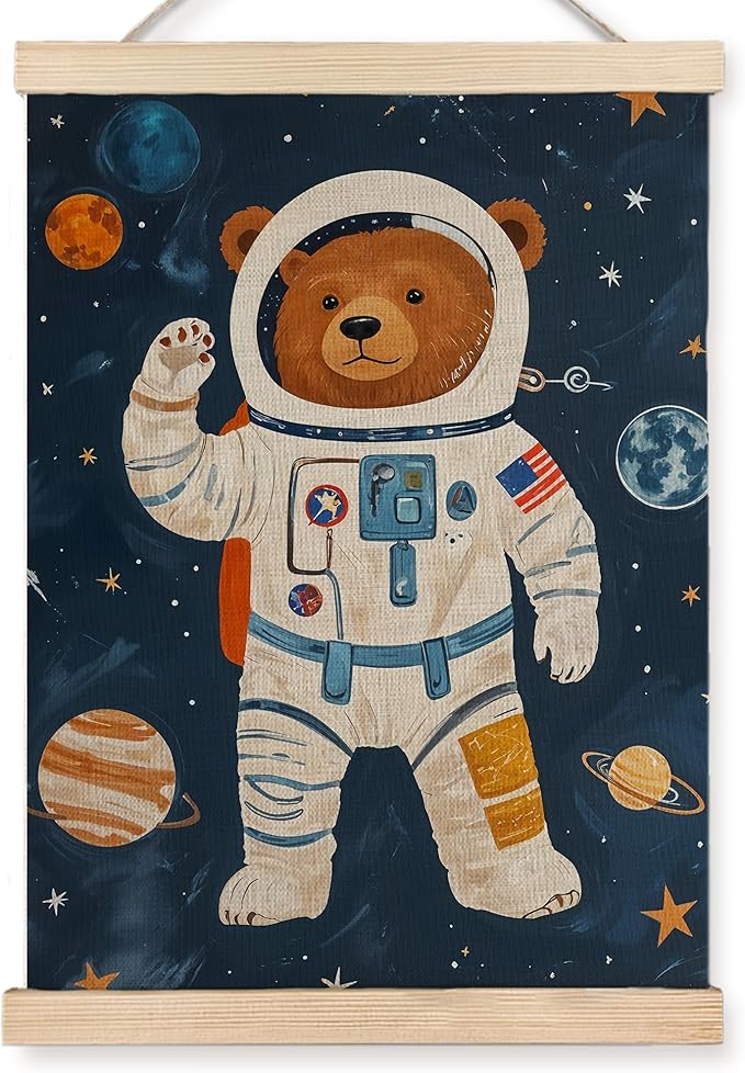 URLLUAE Astronaut Bear Space Wall Art Posters for Kids Room, Cute Outer Space Planet Poster Hanger Frame for Boys Bedroom Classroom Nursery Playroom Wall Decor, 16x24 Inch