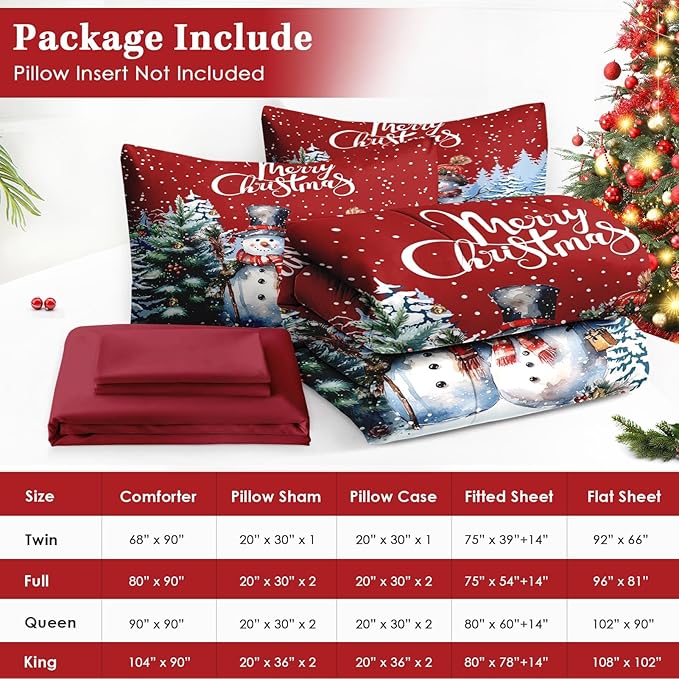 5 Pcs Twin Size Christmas Comforter Set with Pillowcase & Sham, Winter Wonderland Bedding for Kids and Adults, Happy Snowman Bed in a Bag with Flat Fitted Sheet