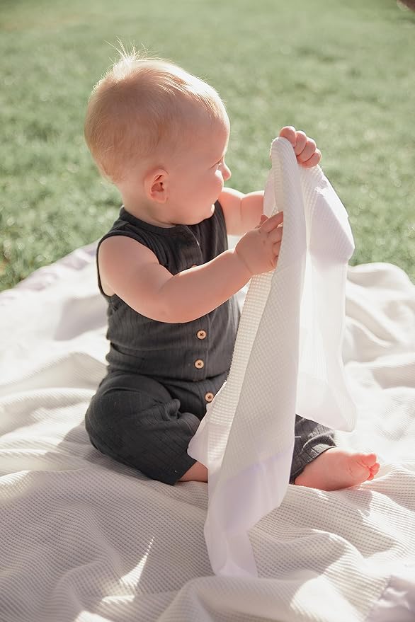 Thermal Waffle Knit Baby Blanket - Soft Breathable Mini Blanket for Newborns and Infants - Toddler Blankey for Strollers, Travel, Naptime, Nursery and More - 18" x 20" (White, Satin Trim)