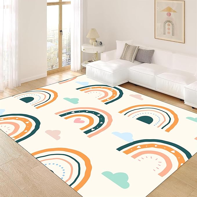 Children's Carpet Girl's Bedroom Rainbow Carpet Living Room Area Rugs Soft Washable Non-Slip Rugs Simple Lovely Rainbow White Cloud Print Children's Room Nursery Decoration Beige 3x5ft