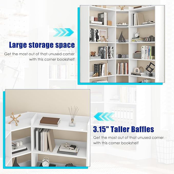 6 Tiers Corner Bookshelf, 63.1" Tall Modern Corner Etagere Bookcase Storage Display Rack Book Shelf with Baffle, Industrial L Shaped Bookshelves for Bedroom, Home Office, Living Room, White