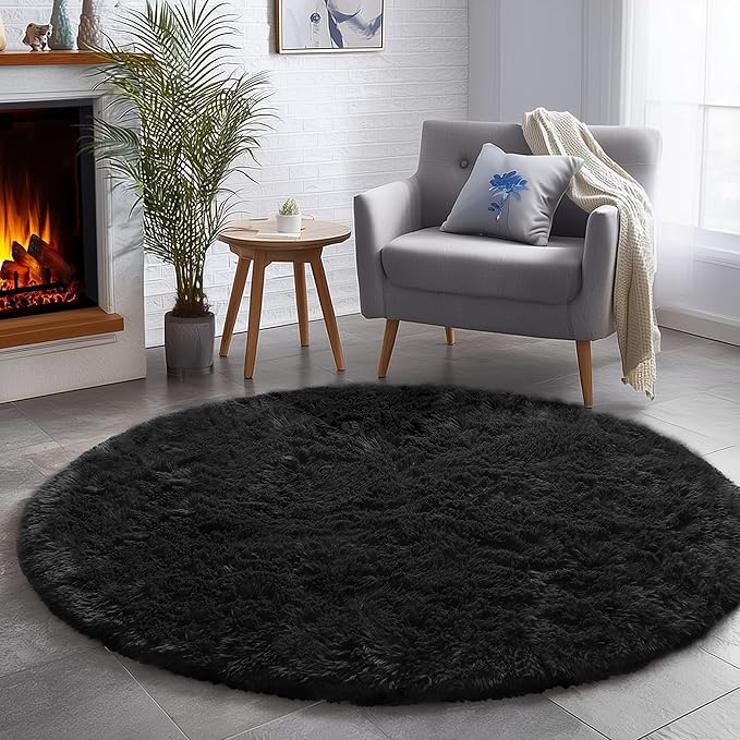 Black Round Rugs 5Ft for Bedroom Aesthetic, Fluffy Plush Circle Area Rugs for Living Room, Fuzzy Modern Cool Throw Carpet for Baby Kids Teen Boys Mens, Office Playroom Nursery Apartment Home Decor