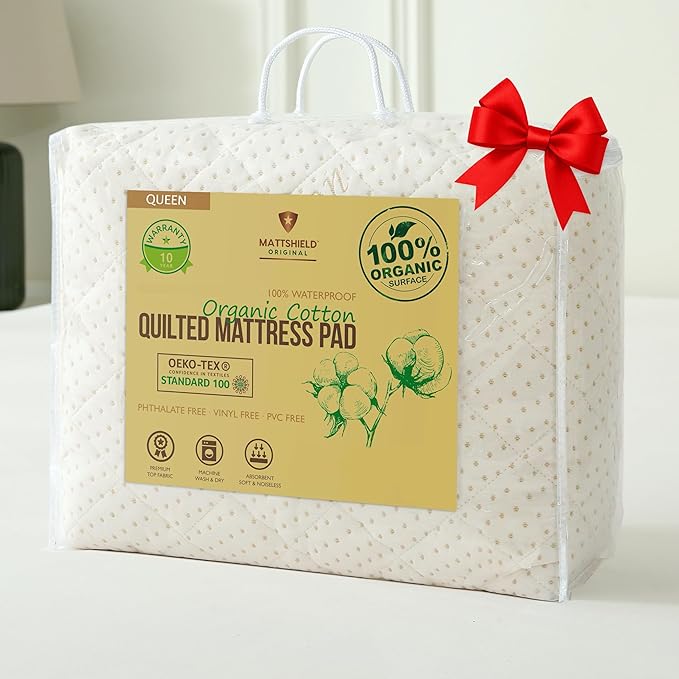 Luxury Quilted Organic Cotton Mattress Protector Queen - 380 GSM Waterproof & Breathable Pad - Deep Pocket Fitted Cover - Soft & Silent Protection