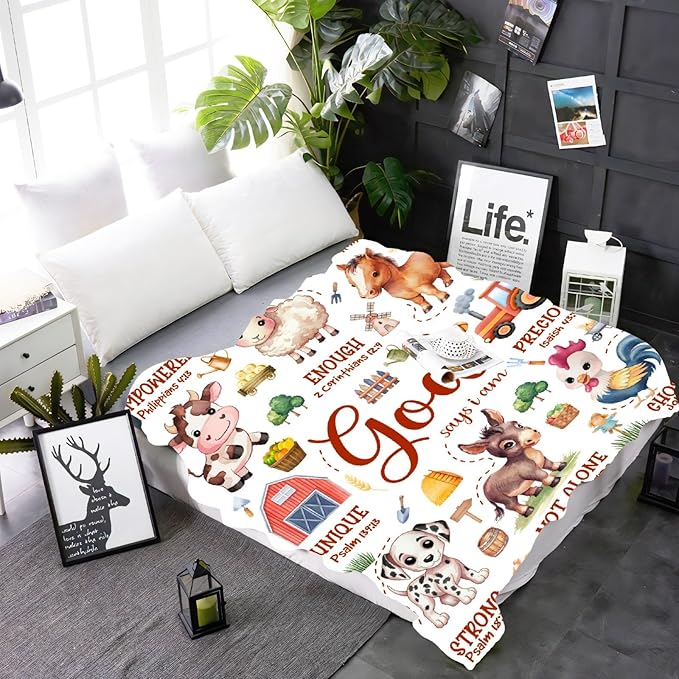 Farm Animal Blanket,Bible Verse Blanket, Christian Gifts, Cow Sheep Horse Chicken Dog Tractor Print Blankets,Cute Religious Gifts for Girls Boys,Farm Animals Lover Room Bed Decoration, 40"x50”