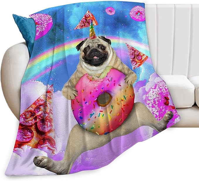 Pug Blanket Funny Pug Gifts for Girls Boys Woman Kids Doughnut Pizza Lover Dog Throw Blankets Soft Blanket Warm Fleece Flannel Plush Blankets for Bed Sofa Couch 60"x80"