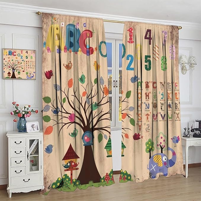 Animal Alphabet Numbers Tree Curtain Learning ABC Letters Birds Numbers Home Printed Rod Pocket Window Treatments for Bedroom Living Room Playroom Nursery 84" W X 84" L
