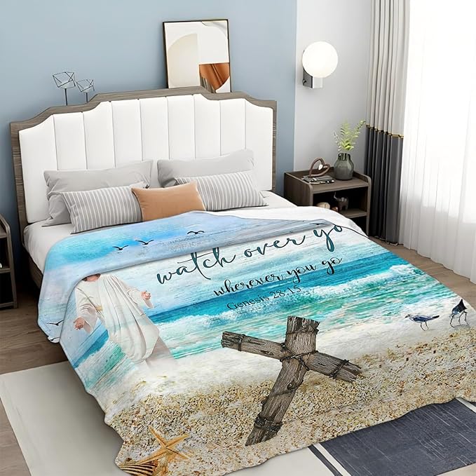 Tijuboni Christian Religious Jesus Throw Blanket Ocean Beach Gifts for Women Men Girls Boys Kids Adults Soft Flannel Fleece Blanket for Couch Sofa Bed Home Decor 40"x50"