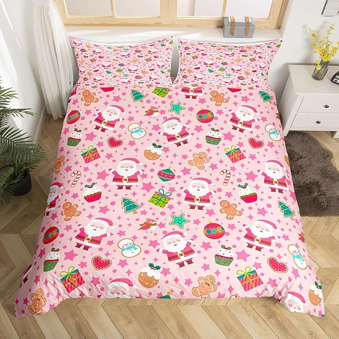 Feelyou Pink Christmas Duvet Cover Twin Size Cartoon Santa Claus Gingerbread Man Bedding Set for Boys Girls Snowman Xmas Decor Comforter Cover Reversible Pink Bedroom Decor 2Pcs