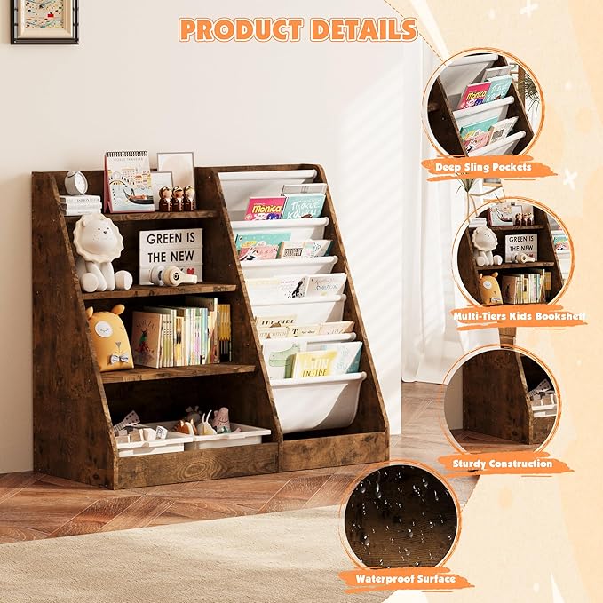 NACHES Montessori Kid Bookshelf Toddler Bookcase Cabinet Children Book Rack Display Toy Storage Organizer 4 Tier 5 Sling Deep Sleeves Classroom Bedroom Nursery Playroom Wood (Rustic)