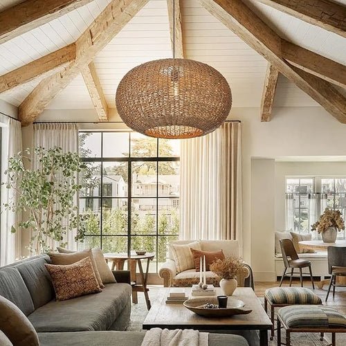 Arturesthome Large Natural Hand Weaved Rattan Pendant Lamp,Coastal Beach Boho Chandelier for Kitchen Hallway Bedroom Dinning Room Living Room Dia 23.6 in