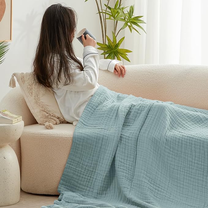 Love's cabin 6 Layer 100% Cotton Muslin Blanket, 90"x90" Muslin Blanket Queen for Couch Bed, Lightweight and Breathable Cotton Gauze for Adult, Cyan