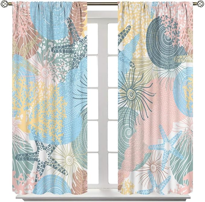Nautical Blackout Curtain Beach Theme Starfish Seashell Nautical Rustic Ocean Sea Vintage Retro Coastal Summer Bedroom Set 2 Panels,63x63 Inches