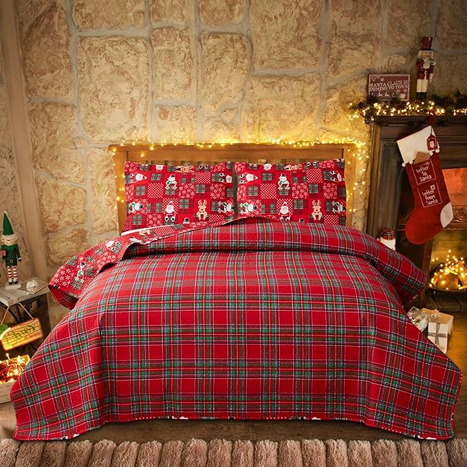Buffalo Plaid Christmas Quilt Set - Twin Size Reversible Bed Set - Lightweight Quilt, Bedspread, Coverlet - Patchwork Bedding