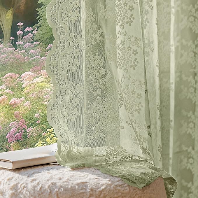 Anmao Vintage Lace Curtains 96 Inches Long 2 Panels Set, Romantic Elegant Light Filtering Semi Sheer Floral Thick Lacy Curtain Drapes for Living Room and Bedroom, Each Panel 55W x 96L, Dry Grass Green