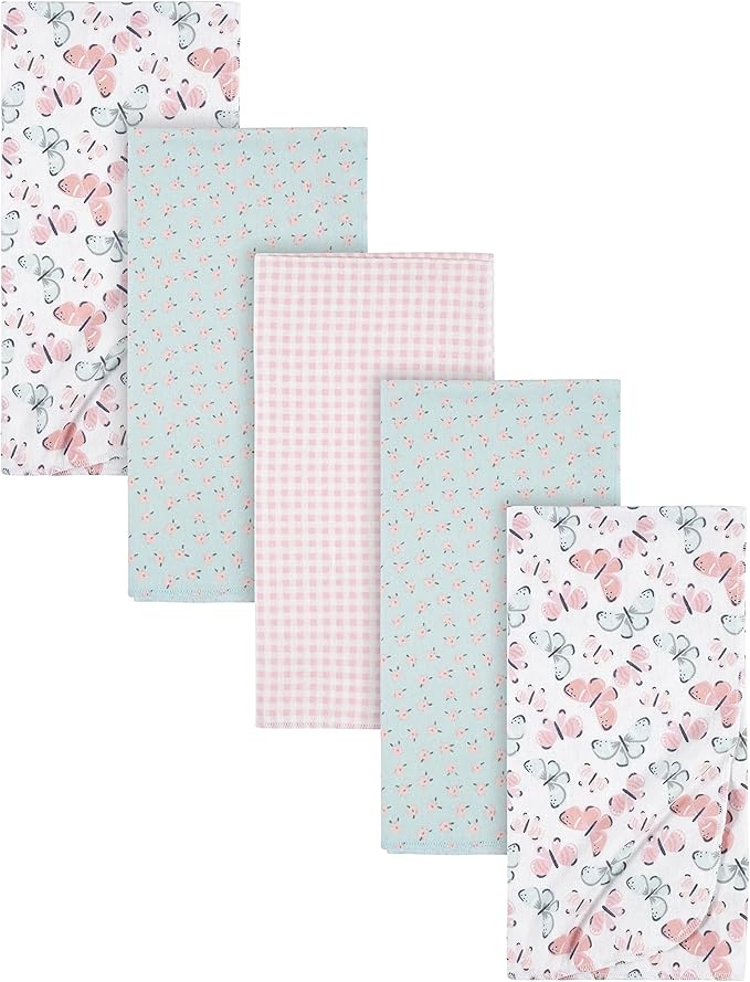 Gerber Girls Newborn Infant Baby Toddler Nursery 100% Cotton Flannel Receiving Swaddle Blanket, Butterfly White, Pack of 5