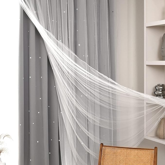 Kinryb Kids Blackout Curtains for Bedroom/Living Room/Classroom, Sheer Overlay Extra Long 2 Panel Set, Double Layer Curtains with Star Cutout for Kids Room(W 52 x L 108 Inches,Silver Grey 2 Pcs)