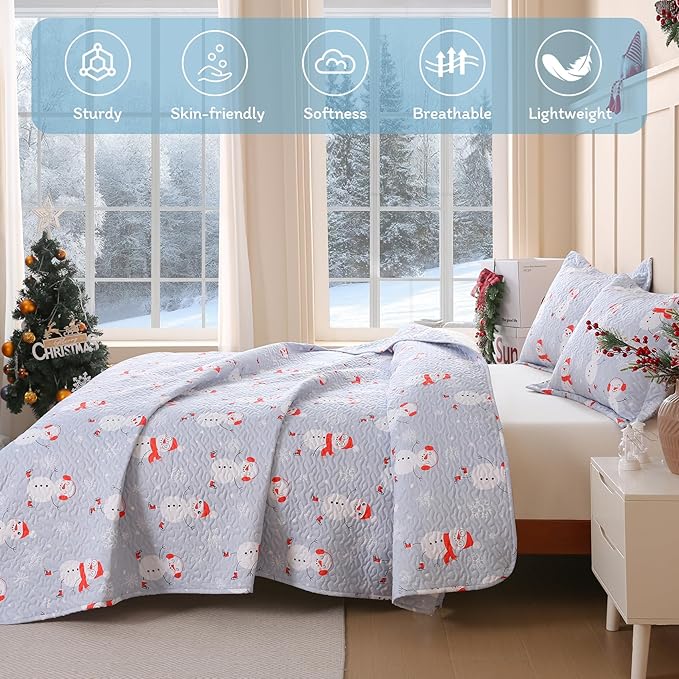 JSD Blue Snowman Christmas Kids Quilt Set Full/Queen, 3 Pcs Christmas Beddings Soft Microfiber Bedspread Coverlet Holiday Quilted Blanket