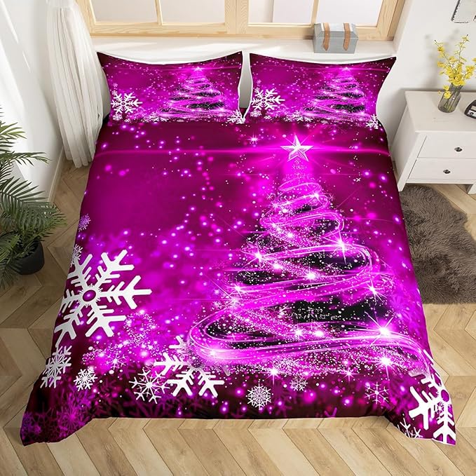 Manfei Purple Xmas Tree Duvet Cover Set Twin Size, White Snowflake Print Comforter Cover with 1 Pillowcase, New Year Theme Bedding Set 2pcs for Kids Boys Girls Bedroom Decor,No Comforter