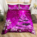 Manfei Purple Xmas Tree Duvet Cover Set Full Size, White Snowflake Print Comforter Cover with 2 Pillowcases, New Year Theme Bedding Set 3pcs for Kids Boys Girls Bedroom Decor,No Comforter
