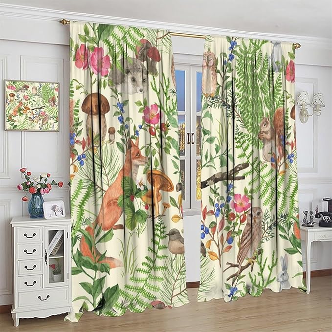 Forest Animal Curtains, Kids Rustic Wild Animal Window Treatments Watercolor Cute Woodland Fox Hedgehog Window Drapes for Nursery Toddler Bedroom 84x84in