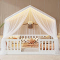 Twin Size House Bed for Kids, Low Profile Montessori Bed Twin with High Railings, Wood House Shape Montessori Beds with Light & Roof for Kids, White