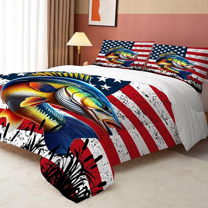 Bass Fish Comforter Set Twin Size Fisherman American Flag Bedding Set for Men Boys Teens Fishing Lover Bedroom Farmhouse Bed Set Wild Quilted,1 Comforter 1 Pillowcase