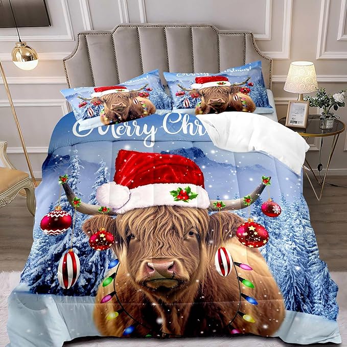 LUVIVIHOME 3PCS Funny Highland Cow Comforter Set King Size, Christmas Bedding, Cattle Bull Animal Santa Christmas Balls Winter Holiday Xmas New Year Christmas Bedroom Decor, Cow Gifts, 2 Pillow Shams