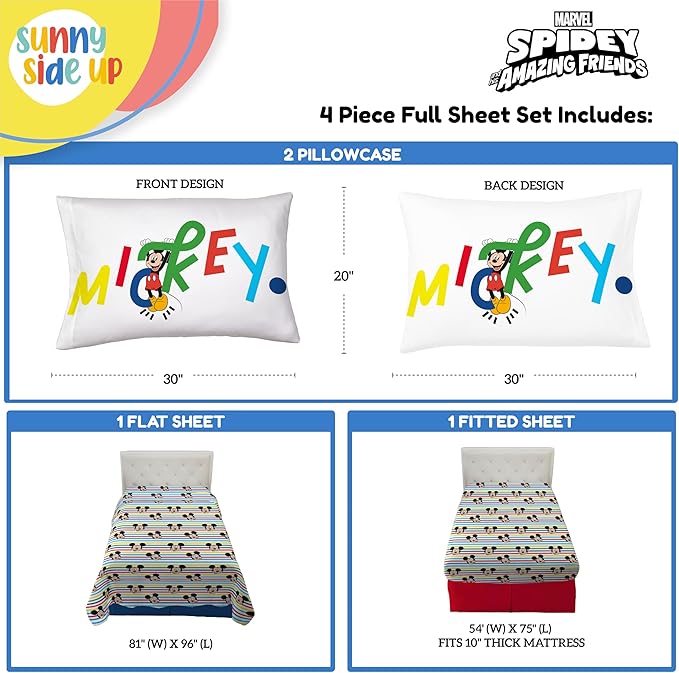 Sunny Side Up Disney Mickey Mouse Full Sheet Set - 4 Piece Kids Bedding Set Includes Pillow Cover - Super Soft Microfiber Sheets
