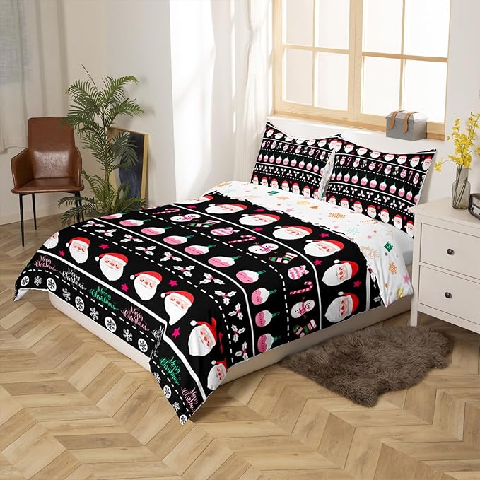 Feelyou Merry Christmas Decorative Comforter Cover Toddler Size Xmas Cartoon Santa Claus Snowmen Duvet Cover Winter New Year Bedding Set Gifts for Kids Boys Girls 1 Pillow Case