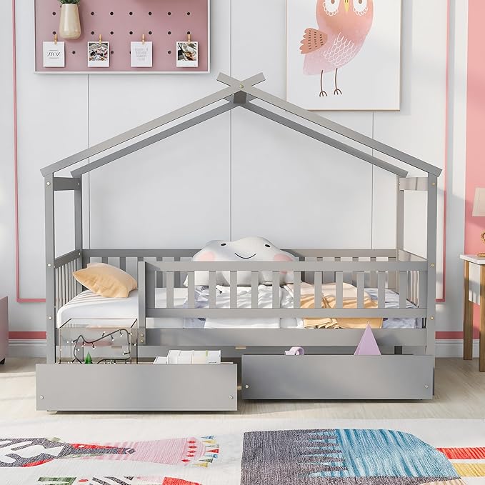 Twin House Bed with 2 Storage Drawers, Kids Twin Bed Frame with Rails and Roof, Tent Bed, Wooden Twin Daybed, Twin Montessori Bed for Kids Teens Girls & Boys, No Box Spring Needed (Gray)