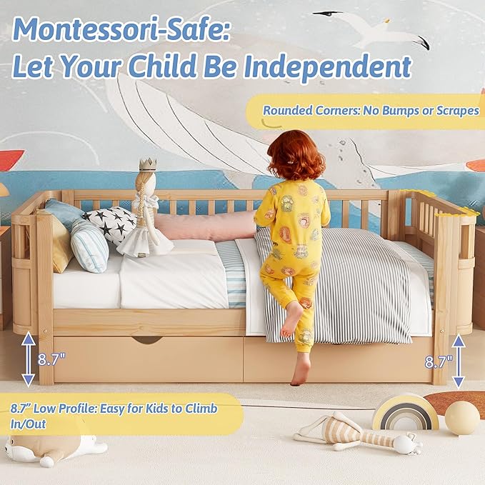 Twin Kids Bed with Storage Drawers & Rails, Wood Low Montessori Beds with Detachable Side Rails & Slats, Modern Daybed for Boys Girls Bedroom, Kids Twin Platform Bed, Natural