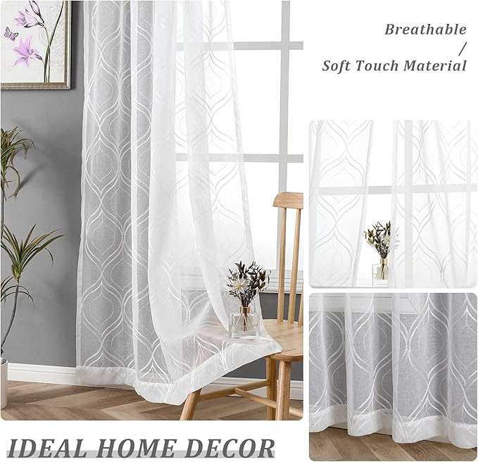 VISIONTEX White Sheer Curtains 63 Inch Length 2 Panels Set Moroccan Embroidered Curtains Trellis Decor French Textured Rod Pocket Voile Tulle Semi Window Drapes for Bedroom Living Room 54 x 63 Inches