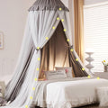 Double Layers Bed Canopy with Star Lights, 3 Pieces Layers Canopy for Girls Bed, Princess Round Dome Dreamy Play Tent, Hanging Kids Reading Nook Mosquito Net, Machine Washable - Gray