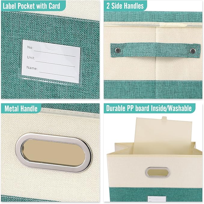 Large Linen Fabric Foldable Storage Bins with Removable Lid and Handles, Washable Storage Box Organizer Containers Baskets Cube with Cover for Bedroom,Closet,Office (Turquoise&Cream, Medium)