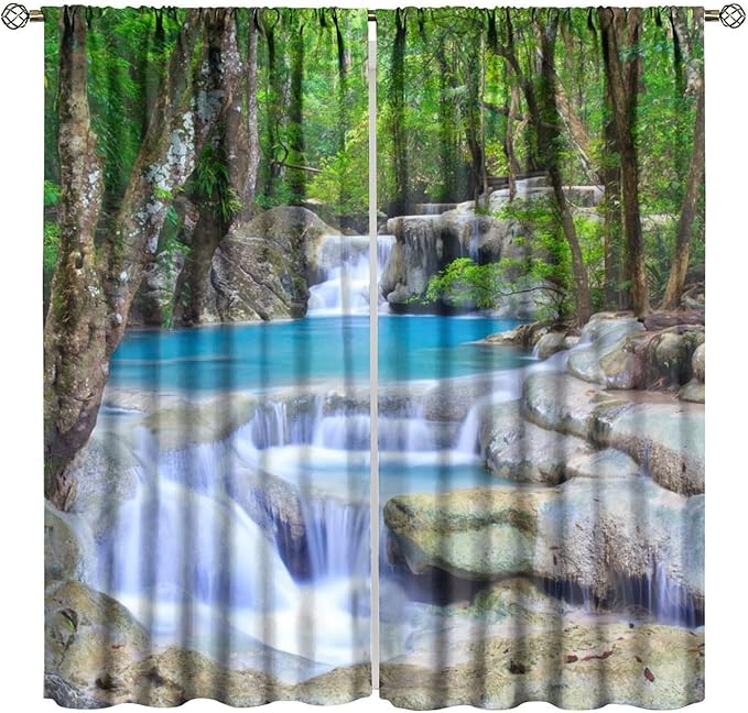 Forest Waterfall Blackout Curtains, Spring Nature Theme Natural Scenery Mountain Scenery Rod Pocket Window Drapes, for Bedroom Living Room 42" W X 63" L
