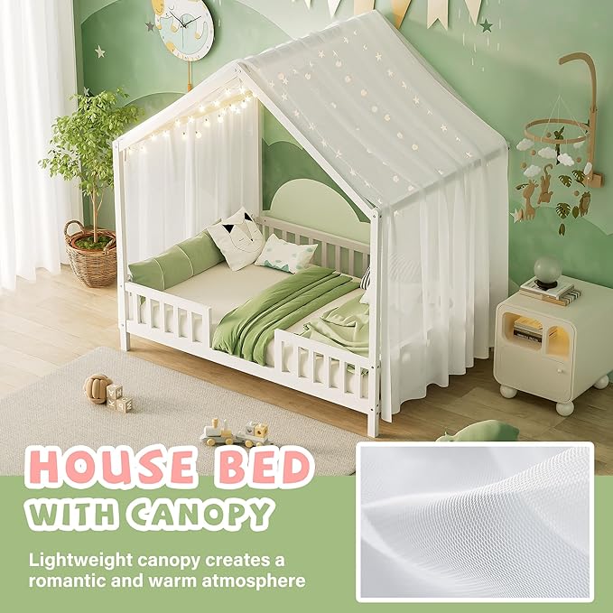 Bellemave Full House BedFrame with Canopy, Montessori Floor Bed, House Bed with Rails for Kids, White